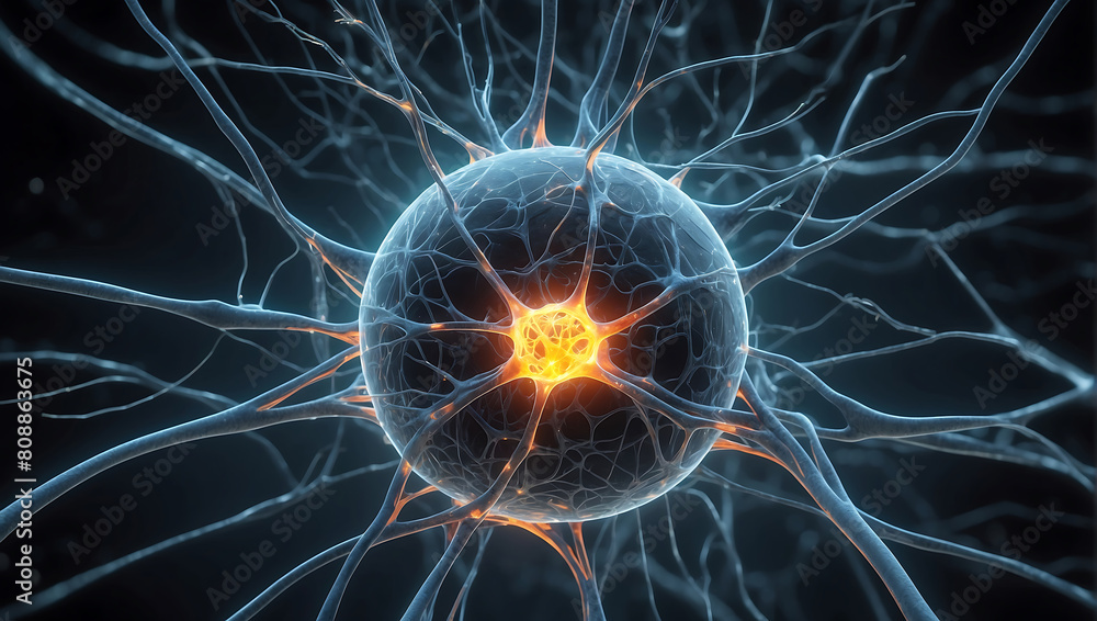 A close up of a ball of nerve cell network with neon orange glow light and explaining neuroscience on a dark black blur background A close up of a ball of nerve cell network with neon orange glow light and explaining neuroscience on a dark black blur background