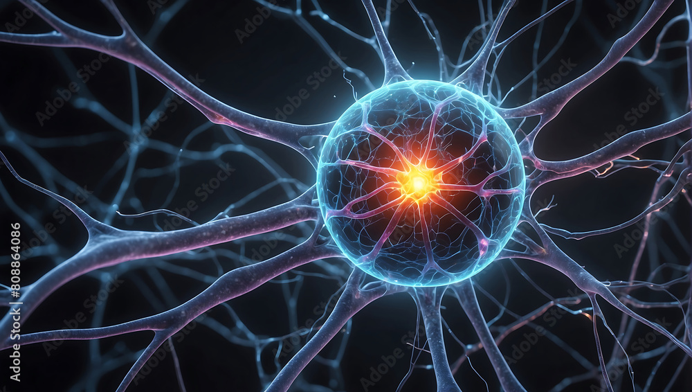 A close up of a ball of nerve cell network with neon orange glow light and explaining neuroscience on a dark black blur background A close up of a ball of nerve cell network with neon orange glow light and explaining neuroscience on a dark black blur background