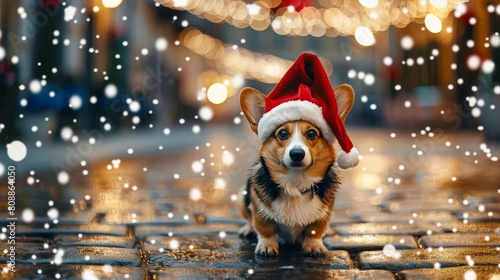 Christmas corgi dog with santa hat on festive bokeh street background in snowy evening holiday scene photo