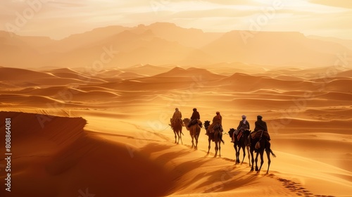 Caravan crossing desert landscape under clear blue sky for travel and exploration