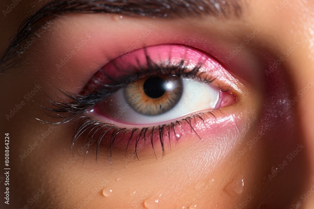 Drops of water on a young girl's face. Natural makeup effect of wet skin. Beautiful woman eye close-up. Concept of youth and beauty Drops of water on a young girl's face. Natural makeup effect of wet skin. Beautiful woman eye close-up. Concept of youth and beauty
