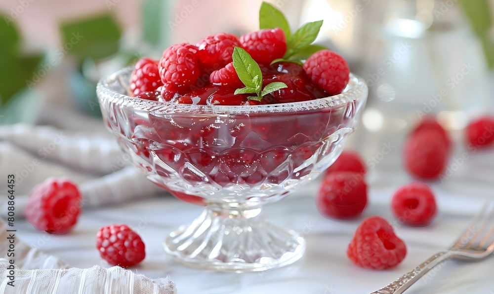 Raspberries and Jam in a Glass Bowl, Generative AI Raspberries and Jam in a Glass Bowl, Generative AI