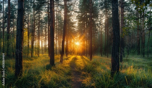 Sunlight filtering through forest trees  creating a natural landscape