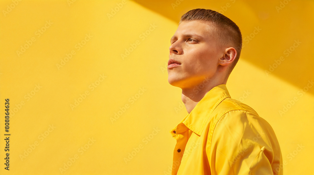 Obraz premium Young stylish man model posing for edgy and modern fashion editorial. Conceptual photo in yellow colors. Haute couture contemporary trends