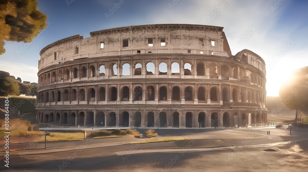 Colosseum in Rome and morning sun, Italy. generative.ai