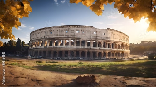 Colosseum in Rome and morning sun  Italy. generative.ai