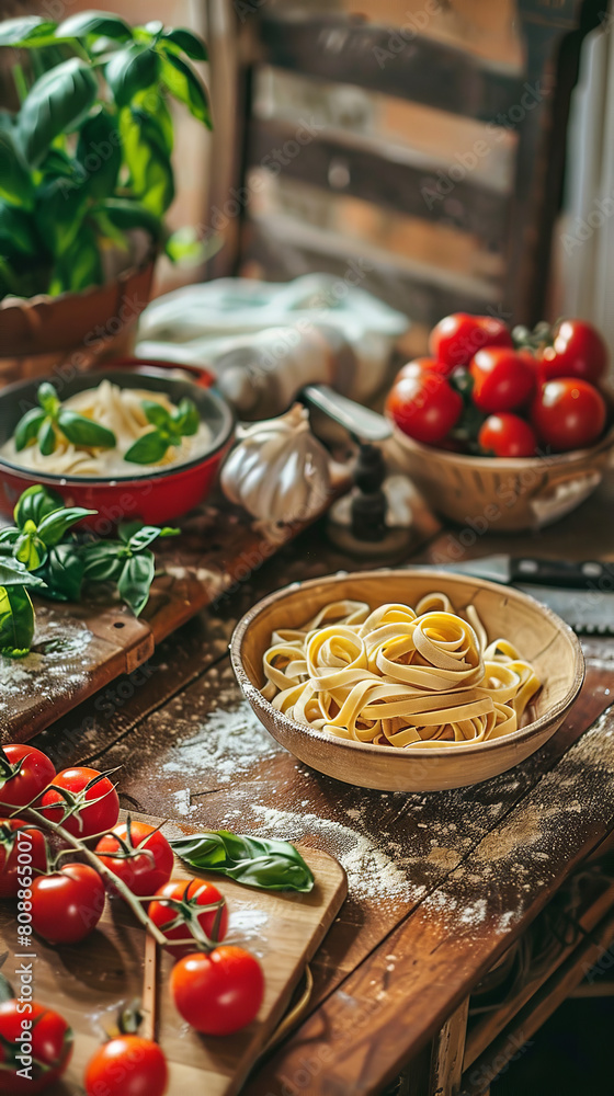 Rustic Italian Kitchen Scene with Fresh Pasta and Ingredients Rustic Italian Kitchen Scene with Fresh Pasta and Ingredients