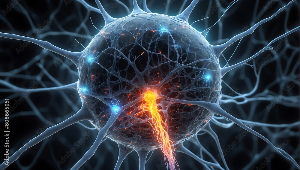 A close up of a ball of nerve cell network with neon orange glow light and explaining neuroscience on a dark black blur background A close up of a ball of nerve cell network with neon orange glow light and explaining neuroscience on a dark black blur background