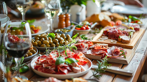 Elegant Italian Feast Setup with Traditional Appetizers  