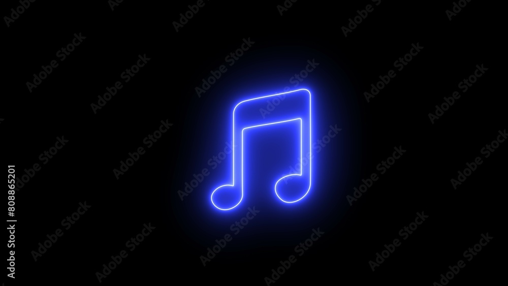 Blue neon light music icon. Blue neon single musical note icon. Music notes icon set, Musical key signs. neon note isolated on black background.
