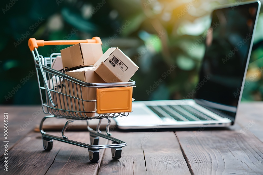 Miniature shopping cart with symbol boxes on wooden background, laptop in background.