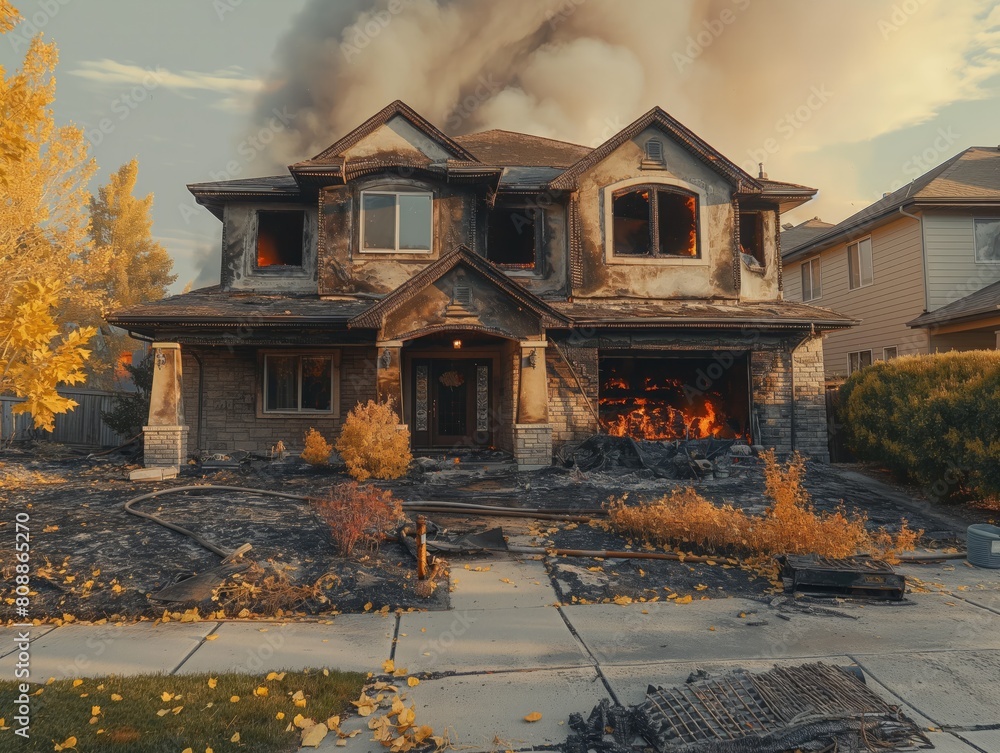 A house is on fire and the front of the house is destroyed. The house is surrounded by trees and bushes