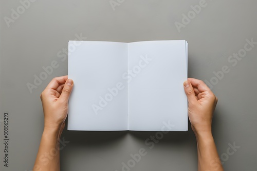 Hands open a blank white page on neutral gray background for display. photo