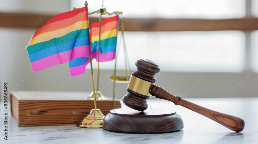Judge wooden mallet, rainbow and transgender flags as symbol of tolerance on white desk and wall, concept picture about human rights, space for text Stock Photo photography
