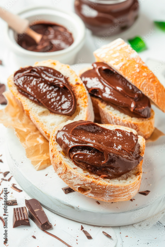 Bread with tasty chocolate cream on white background Bread with tasty chocolate cream on white background