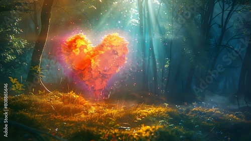 Heart of Nature  Fantasy Heart with Light Beam Amidst a Verdant Forest.