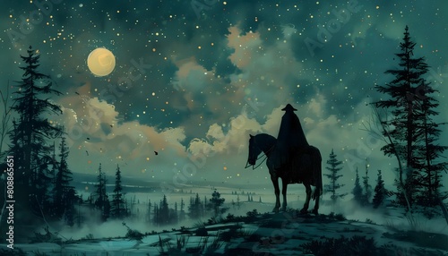 Lone Rider under Starry Night Sky