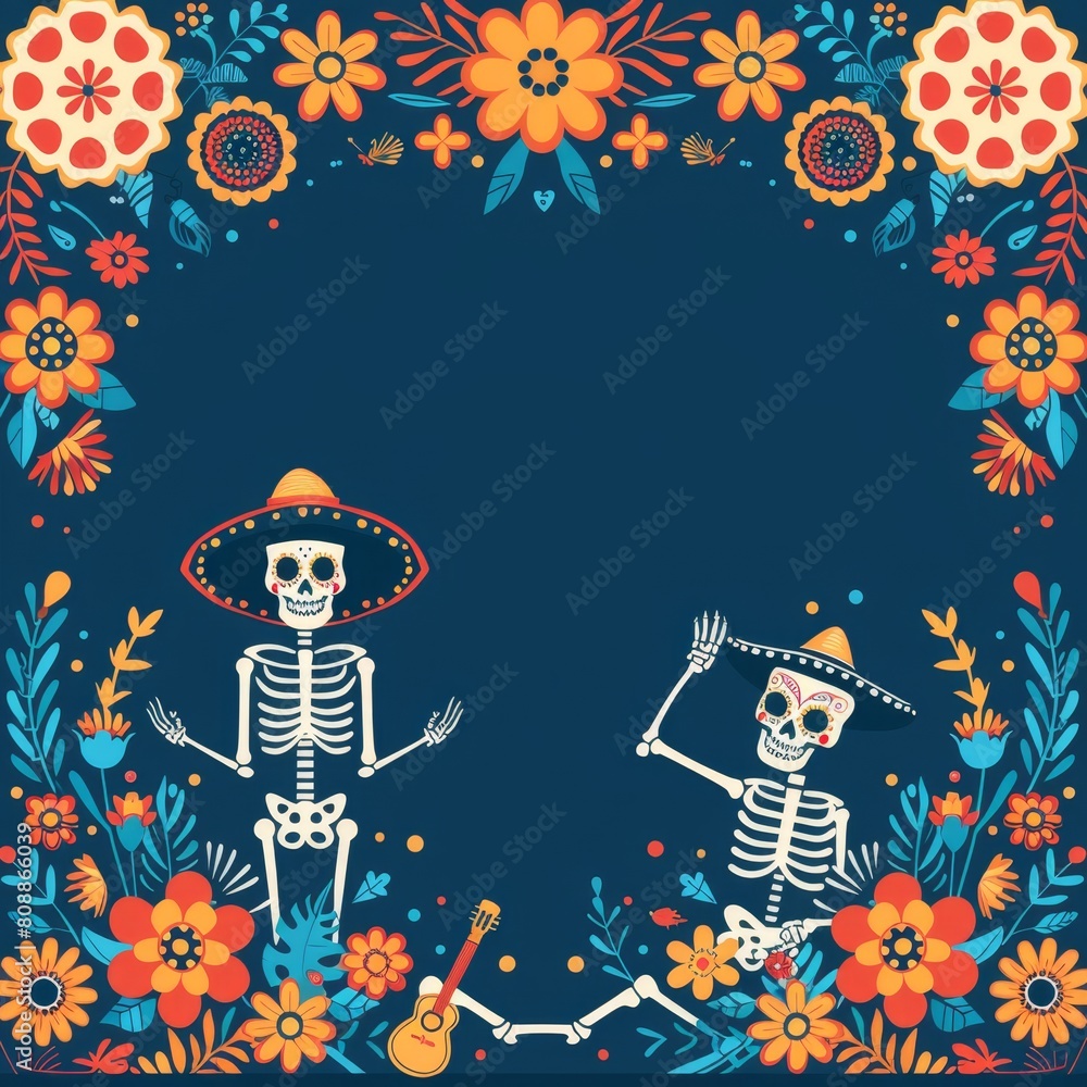 Minimalist Day of the Dead Theme with Geometric Dancing Skeletons, Musical Instruments, and Flowers Border

