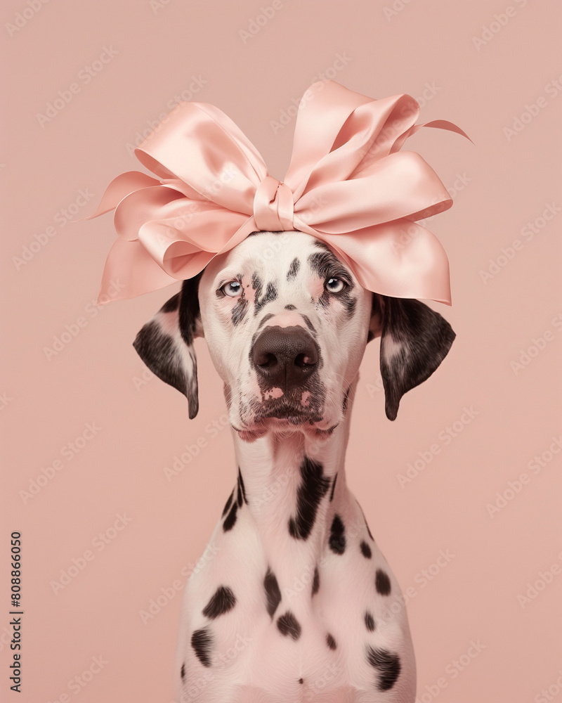 Dalmatian dog is wearing a big bow on his head on a pastel pink background. Minimal fashion dog concept.