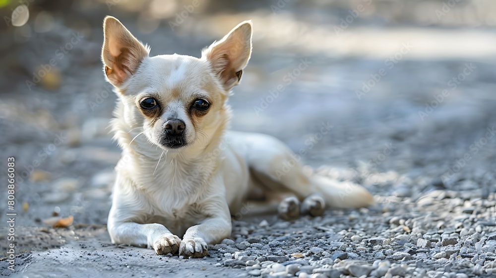 closeup shot of a cute white chihuahua sitting on the ground