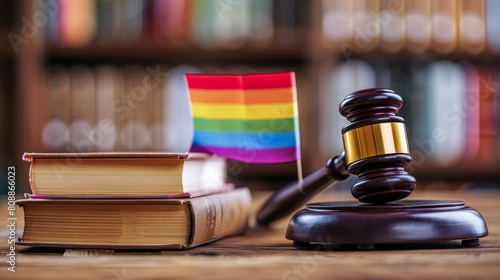 Judge's gavel and books with a gay rainbow bookmark on wood table. LGBT rights, justice and law equality concept. Stock Photo photography