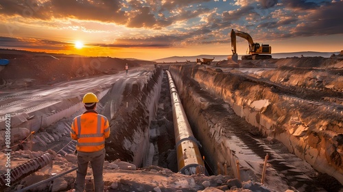 Worker overseeing Long Ditch with Pipe and Digging Equipment at Sunset photo