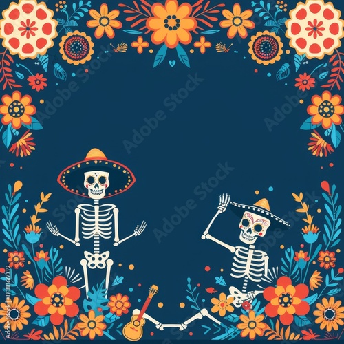 Minimalist Day of the Dead Theme with Geometric Dancing Skeletons  Musical Instruments  and Flowers Border  