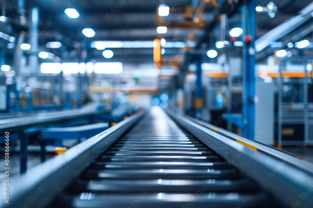 An empty conveyor belt in a factory, production lines idle, factories shut down and production halts concept. An empty conveyor belt in a factory, production lines idle, factories shut down and production halts concept.