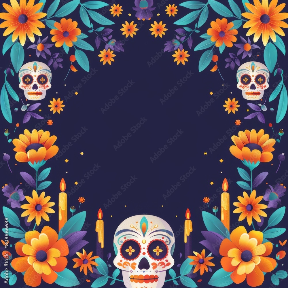 Minimalist Day of the Dead Theme with Geometric Marigolds, Sugar Skulls, and Candles Border
Minimalist Day of the Dead Theme with Geometric Marigolds, Sugar Skulls, and Candles Border