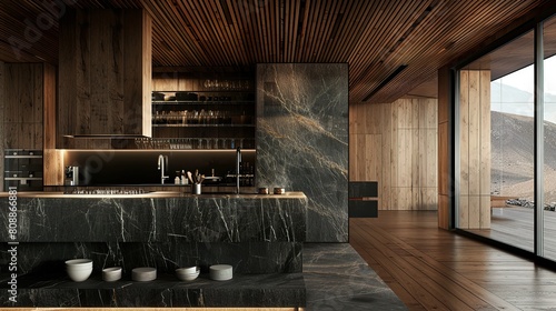 kitchen wood floor and ceiling, wood and marble, no lamps, black slab black kitchen surface, stone and wood kitchen