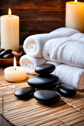 Spa Concept Massage Stones With Towels And Candles In Natural Background