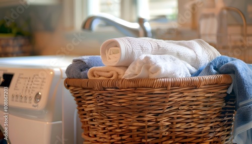 Cozy Laundry Room with Wicker Basket and Folded Towels © Steven