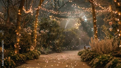 A dreamy setting of ling lights and sparkling fairy dust in a mystical garden under a velvet night sky.