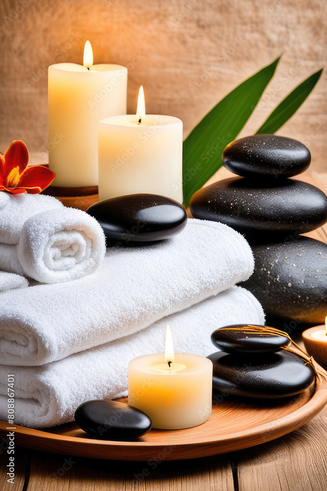 Spa Concept Massage Stones With Towels And Candles In Natural Background Spa Concept Massage Stones With Towels And Candles In Natural Background