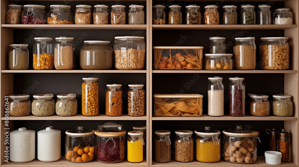 home storage area organize management home interior design pantry shelf and storage for store food and stuff in kitchen home design concept.