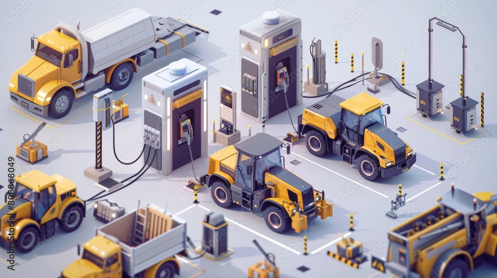 Dynamic industrial scene featuring a variety of construction vehicles in a vibrant, organized layout Dynamic industrial scene featuring a variety of construction vehicles in a vibrant, organized layout