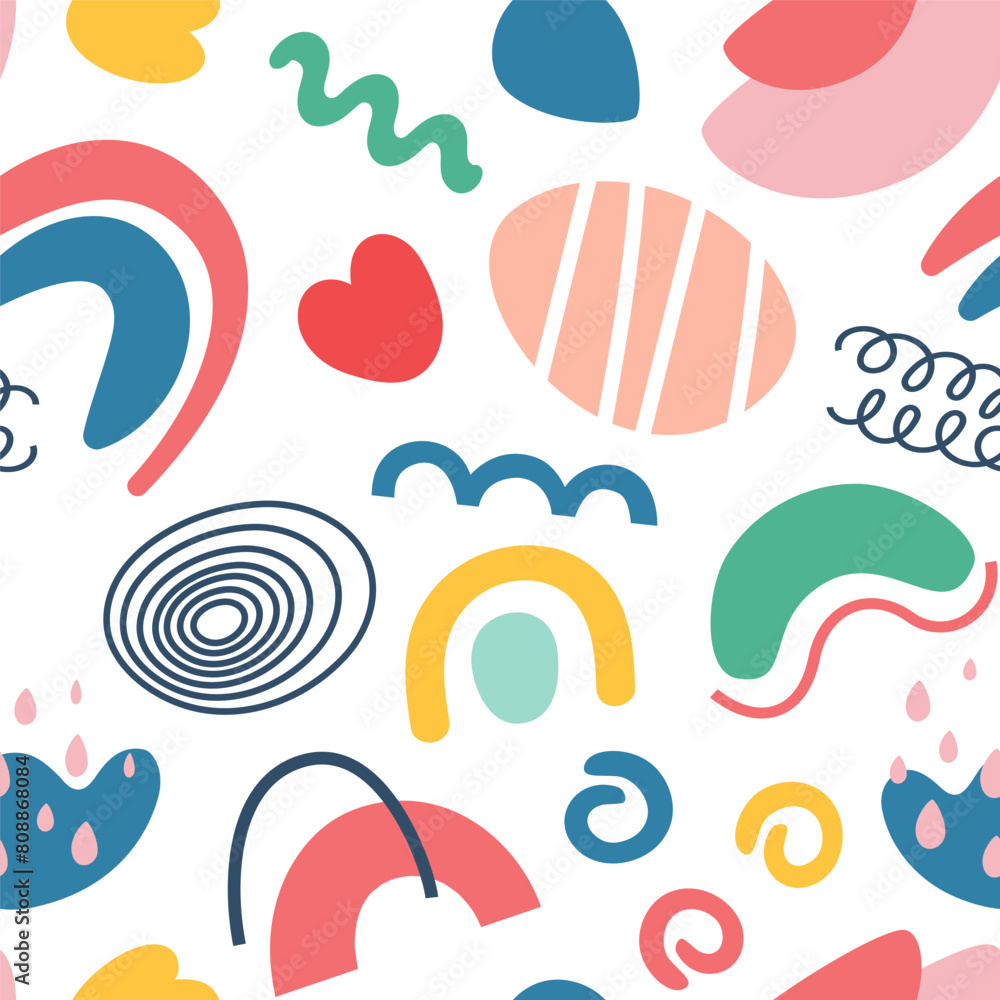 Abstract seamless pattern in cartoon design on a white background. Bright hand drawn isolated elements in flat style. Vector illustration.
Abstract seamless pattern in cartoon design on a white background. Bright hand drawn isolated elements in flat style. Vector illustration.