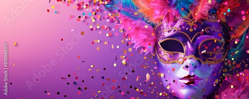 Happy Mardi Gras poster. A banner template with Venetian masquerade decorations, mask, confetti and feathers isolated on purple background, copy space. Costume party flyer for carnivals. photo