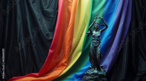 LGBT community flag with statue of lady justice, constitution and judge hammer on black drapery. Concept of judgement and punishment Stock Photo photography photo