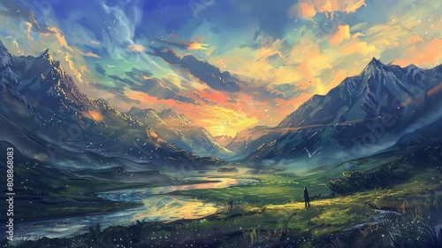 Portray the essence of Wanderlust through a sweeping landscape painting, featuring vast mountains, a winding river, and a lone traveler under a watercolor sunset sky