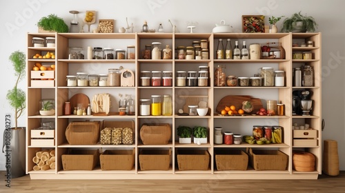 home storage area organize management home interior design pantry shelf and storage for store food and stuff in kitchen home design concept.