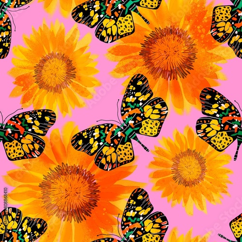 Abstract Digital Painting Hand Drawing Watercolor Colorful Sunflowers and Butterflies Seamless Pattern Isolated Background photo