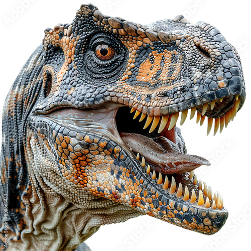 Extreme side view of a Allosaurus face isolated on a white transparent background