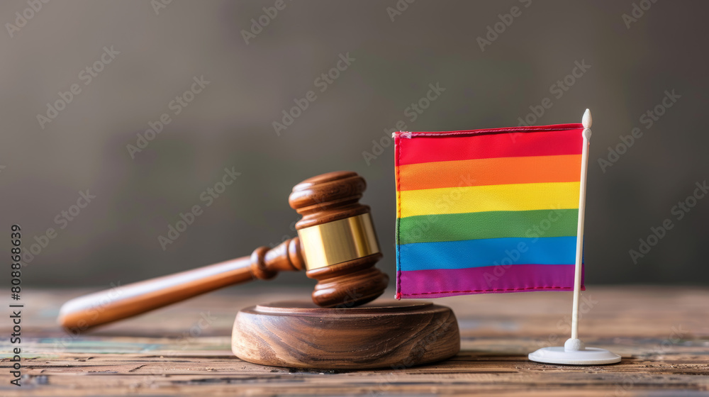 LGBT equality and laws concept. Wooden judge gavel with LGBT flag. Stock Photo photography