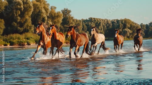 Scenic view of herd of horses running across river with space for text  nature and wildlife concept