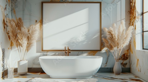 Luxurious Marble Bathroom with Modern Bathtub and Grass Decor
