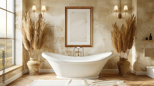 A Luxurious Bathroom with Modern Bathtub and Decorative Vases
