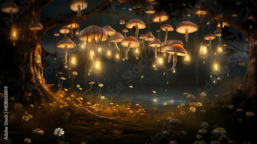 A magical scene of agaricus mushrooms in a glade lit by the soft light of lanterns hanging from tree branches.