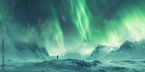 Snow covered Landscape with Aurora Borealis. Green Sky Background with copy-space.
