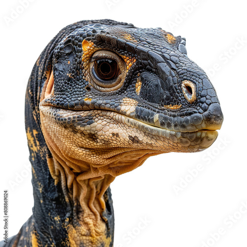 Extreme side view of a Ouranosaurus face isolated on a white transparent background